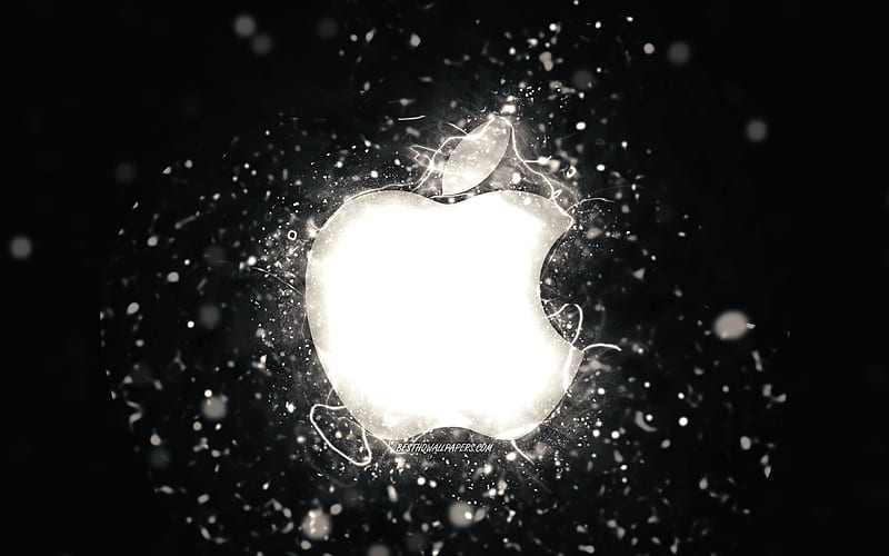 Apple white logo white neon lights, creative, black abstract background, Apple logo, brands, Apple, HD wallpaper