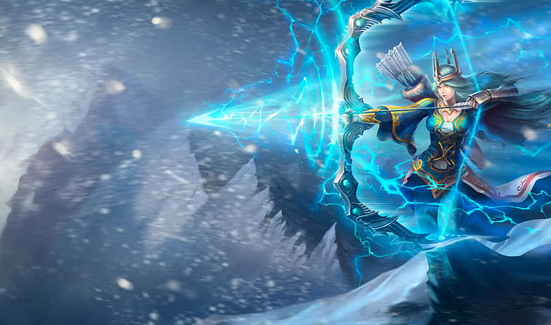 Ashe- The Frost Archer, action, video game, power, magic, woman, league of legends, arrow, cold, strength, archer, protect, light, frost, blue, chilly, wind, electric, ashe, blizzard, cool, girl, snow, strong, snowflakes, ice, fight, awesome, lady, HD wallpaper