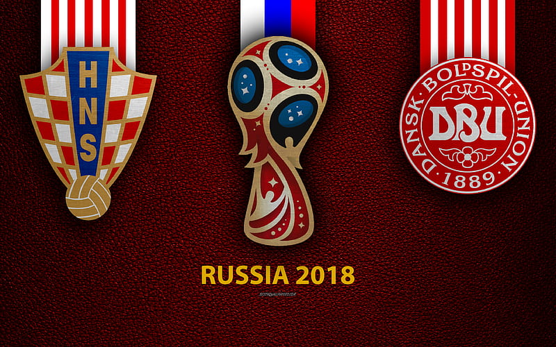 Croatia vs Denmark, Round 16 leather texture, logo, 2018 FIFA World Cup, Russia 2018, July 1, football match, creative art, national football teams, HD wallpaper