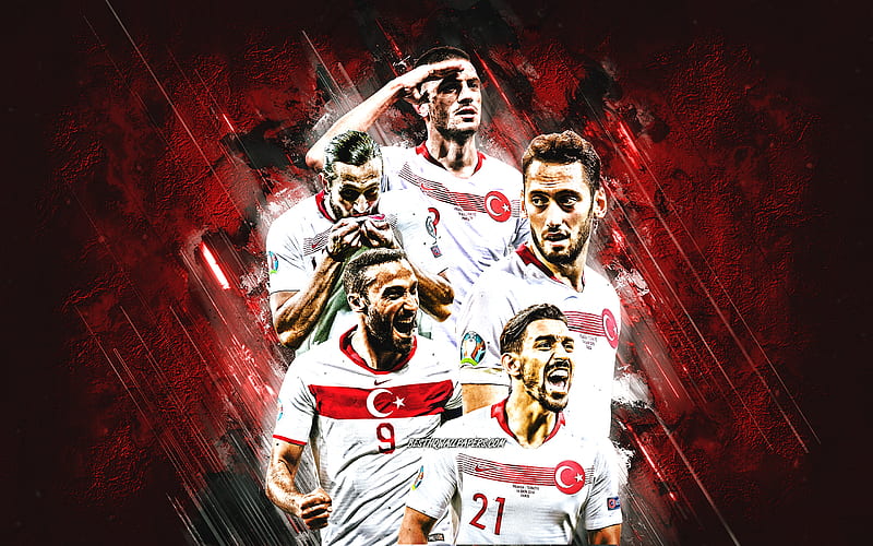 Turkey national football team, red stone background, Turkey, football, Hakan Сalhanoglu, Ozan Kabak, Cenk Tosun, HD wallpaper