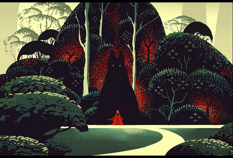 The big bad wolf, forest, art, luminos, black, red riding hood, mahea rodriguez, fantasy, green, wolf, HD wallpaper