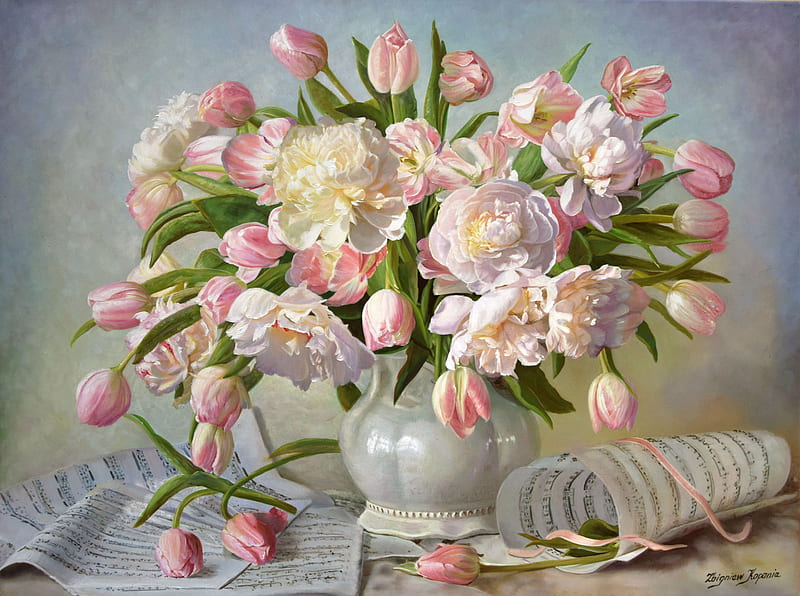Peonies and tulips, art, lalea, zbigniew kopania, bujor, vase, still life, peony, painting, flower, pictura, pink, white, tulip, HD wallpaper