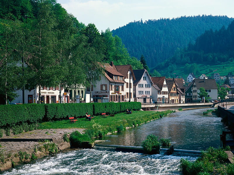 Schiltach-Germany, river, houses, HD wallpaper