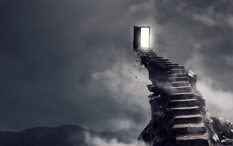 right way concepts, staircase, light at the end, gray background, fantasy, HD wallpaper