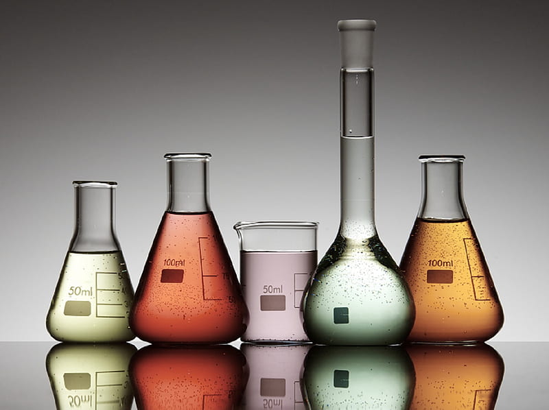 Laboratory Flasks, containers, glass, liquid, green, orange, coloured, peach, flasks, HD wallpaper