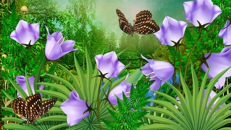 Summer Blooming, fresh, butterflies, spring, bluebells, leaves, butterfly, summer, blossoms, flowers, Firefox Persona theme, HD wallpaper