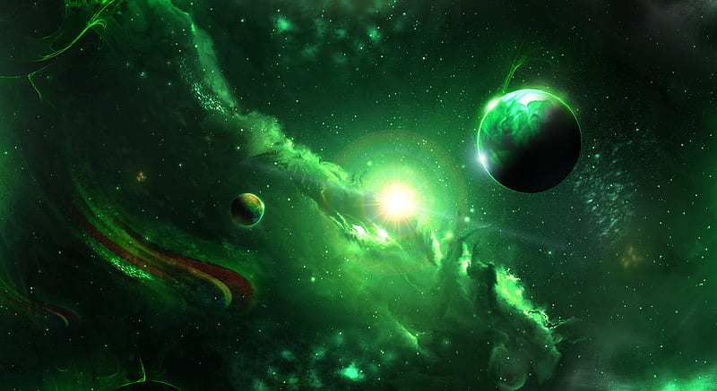 space, galaxy, planets, green, universe, HD wallpaper