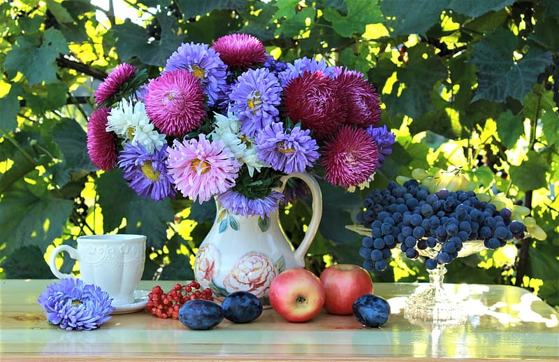 Grapes, Still Life, Flower, Fruit, , Pitcher, Outdoor, Teacup, HD wallpaper