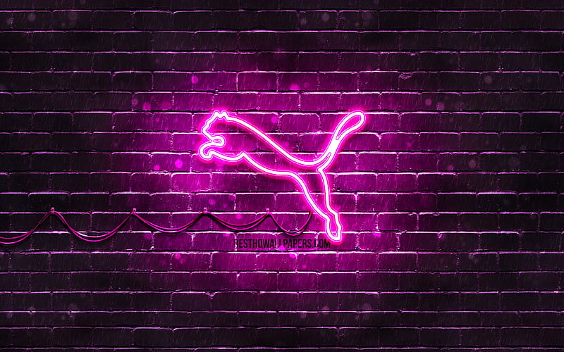 Puma purple logo purple brickwall, Puma logo, brands, Puma neon logo, Puma, HD wallpaper
