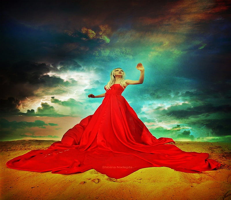 Red storm, red, sand, gown, people, abstract, sky, storm, other, HD wallpaper