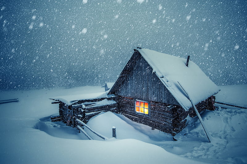 Snow, Light, Window, Cabin, Man Made, HD wallpaper