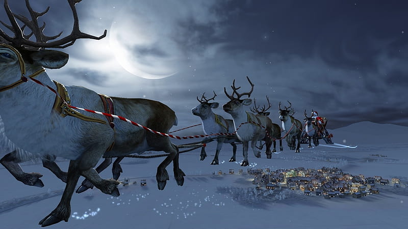 Santa Claus Flying Over The City, sleigh, christmas, houses, painting, reindeer, lights, night, HD wallpaper