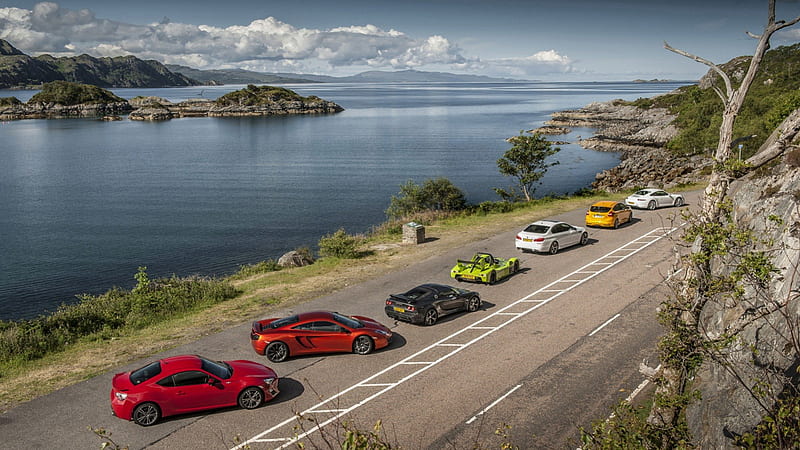 row of super cars at loch ness scotland, carros, performance, nessie, road, lake, HD wallpaper
