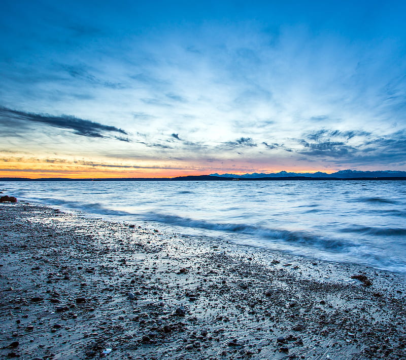 Washington Beaches, beach, coast, pebbles, sand, sea, sunset, usa, HD wallpaper