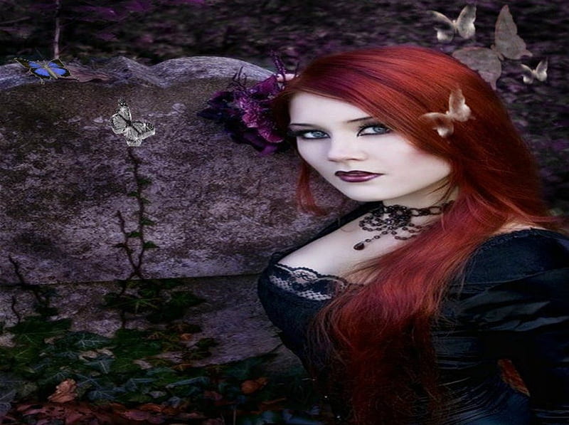 Butterflies, goth, red, hair, women, HD wallpaper | Peakpx
