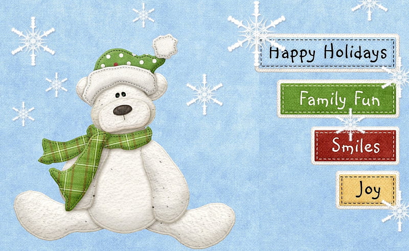 Happy Holidays!, red, craciun, christmas, winter, hat, card, green, scarf, teddy bear, blue, HD wallpaper