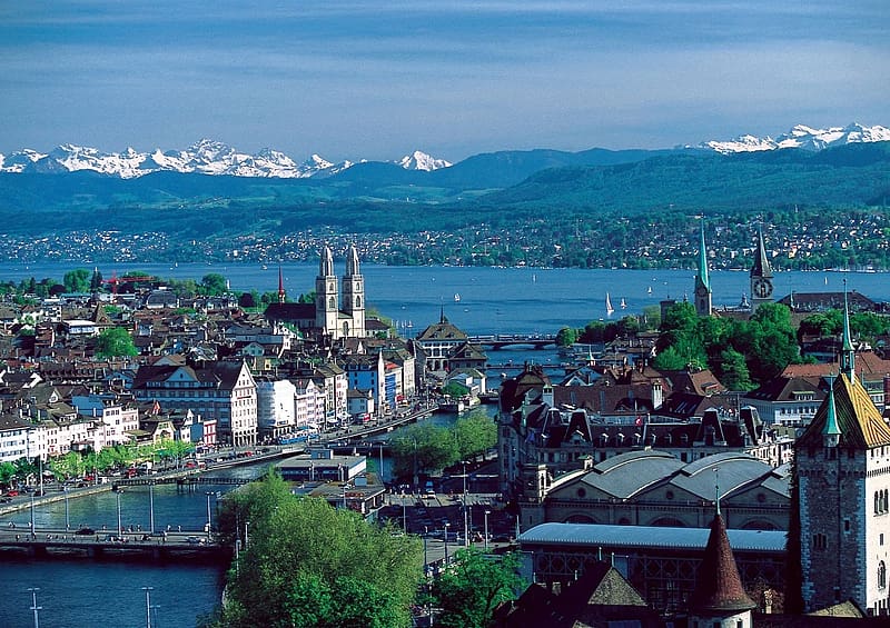 City of Zurich, Switzerland, churches, Rear view are the alps, Aerial view of Zurich and Lake, other buildings, HD wallpaper