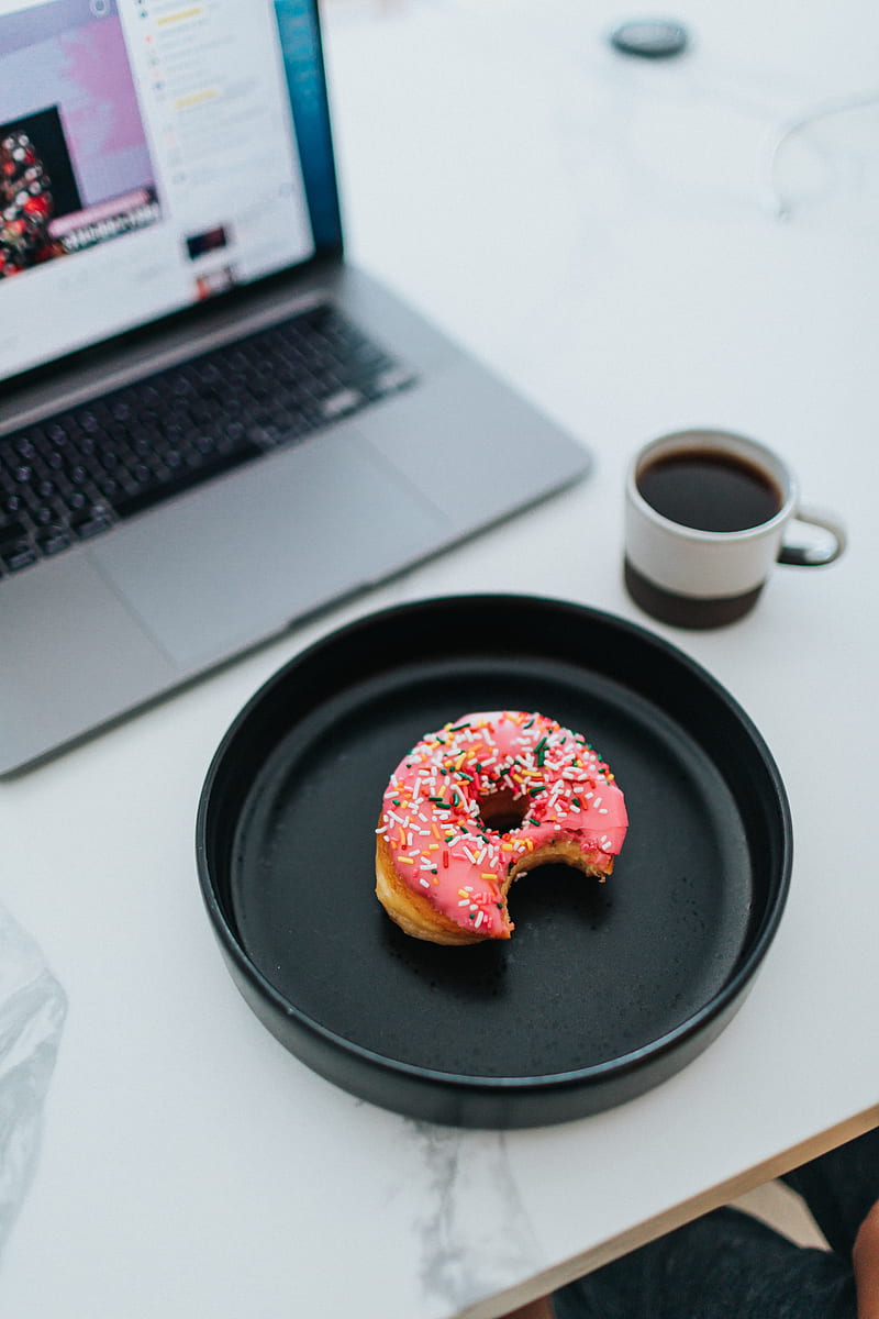 donut, laptop, cup, coffee, HD phone wallpaper
