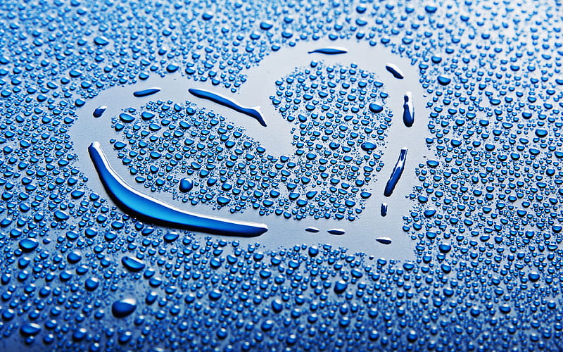 heart of drops water drops, blue background, heart, love concept, painted heart on glass, HD wallpaper