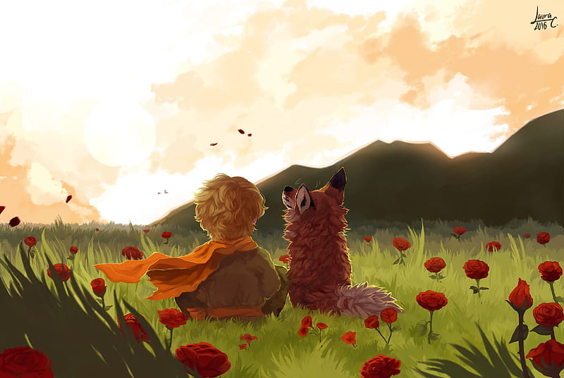 child, fox, art, field, flowers, mountains, landscape, HD wallpaper