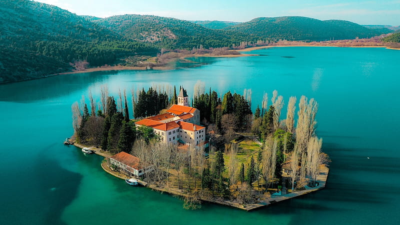 Visovac Monastery (Krka National Park), lake, croatia, houses, nature, park, island, HD wallpaper
