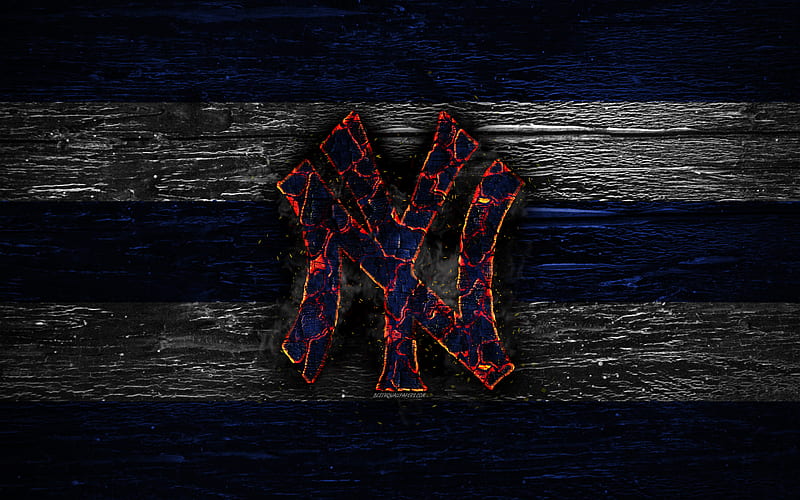 New York Yankees, fire logo, MLB, blue and white lines, american baseball team, NY Yankees, grunge, baseball, New York Yankees logo, wooden texture, USA, HD wallpaper