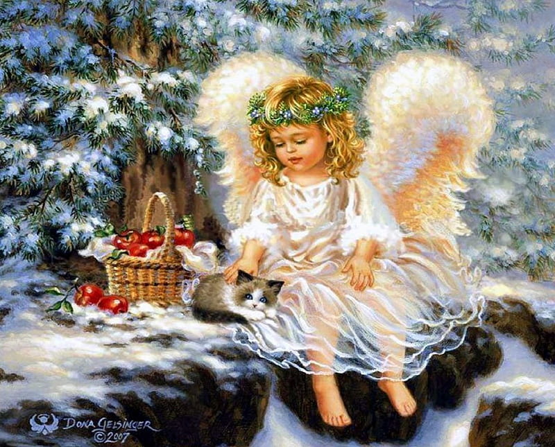 ★Gentle Care★, baskets, pretty, Christmas, bonito, angels, xmas and new year, paintings, heaven, little angel, wings, lovely, apples, colors, love four seasons, creative pre-made, weird things people wear, nature, cats, kitten, HD wallpaper