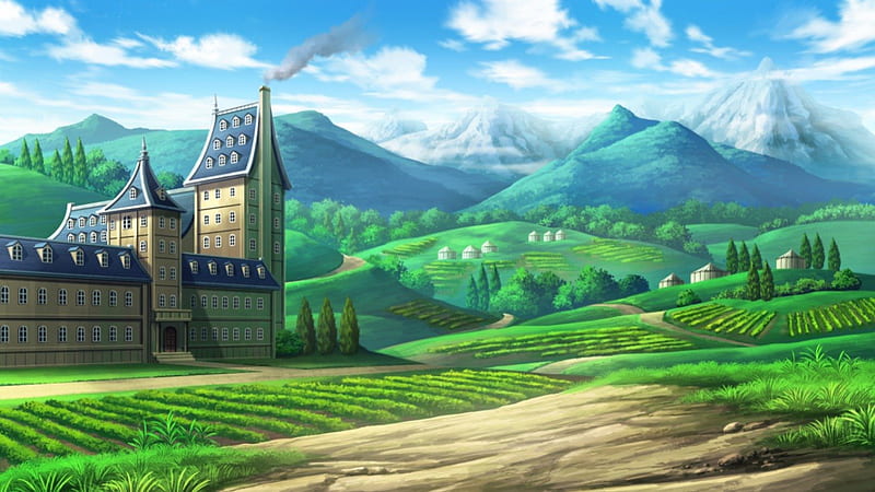 Country Side, house, scenic, home, bonito, mountain, green, anime, beauty, scenery, hill, cloud, view, sky, building, nature, scene, field, HD wallpaper