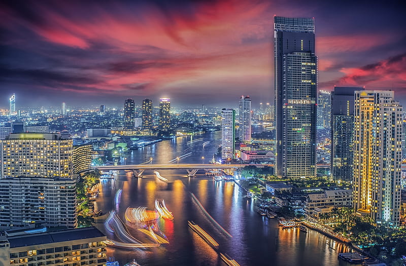 Beautiful Bangkok City, bangkok, thailand, world, city, lights, river, skycrapper, HD wallpaper