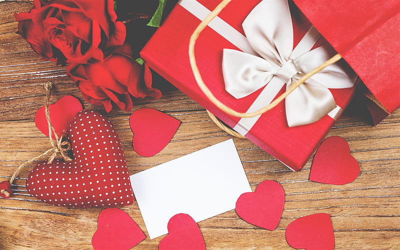 Valentines Day, February 14, red heart, gifts, romance, HD wallpaper