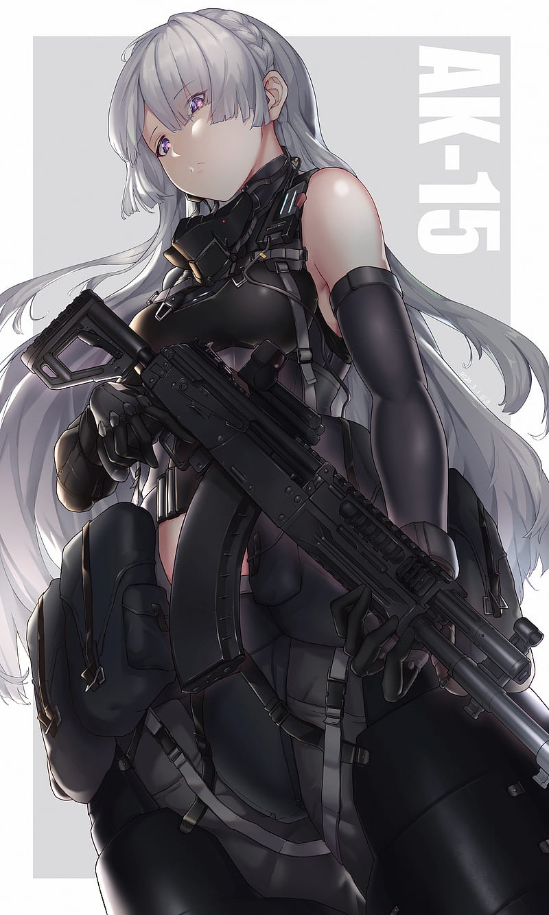 2D, artwork, girls with guns, anime girls, gun, grey hair, braids, purple eyes, Girls Frontline, AK-15 (Girls Frontline), HD phone wallpaper