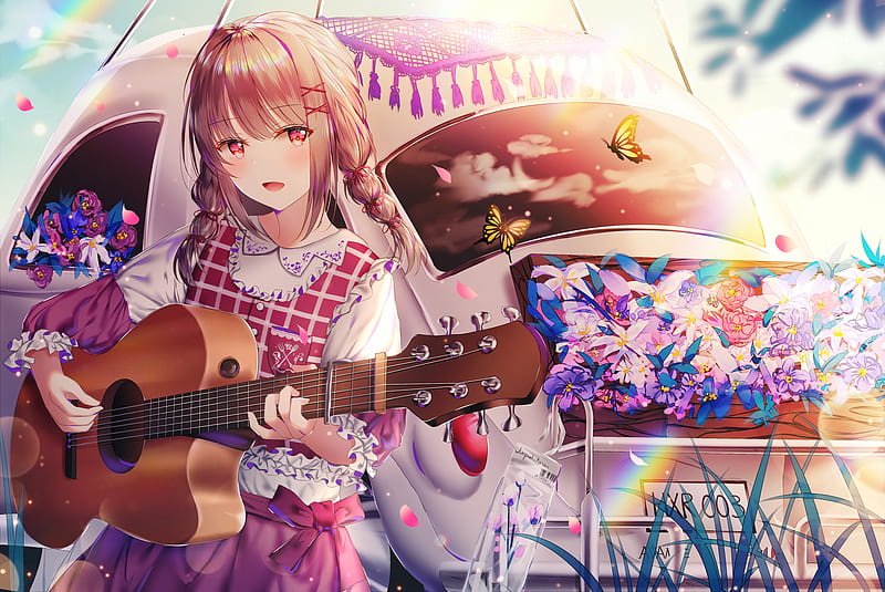 anime girl, guitar, braids, car, trip, butterflies, Anime, HD wallpaper