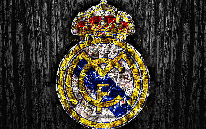 Real Madrid FC, scorched logo, LaLiga, black wooden background, spanish football club, La Liga, grunge, Real Madrid CF, football, soccer, Real Madrid logo, fire texture, Spain, HD wallpaper