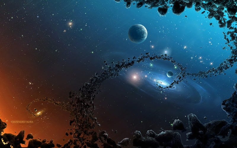 Distended Aura, planets, moons, 3d, space, asteroids, HD wallpaper