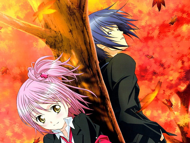 Amu & Ikuto, tsukiyomi ikuto, autumn, wind, hinamori amu, tree, leaves, blue hair, shugo chara, pink hair, HD wallpaper
