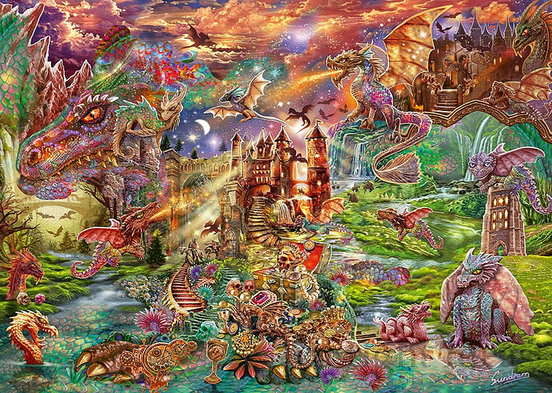 Dragon, treasure, fantasy, art, HD wallpaper