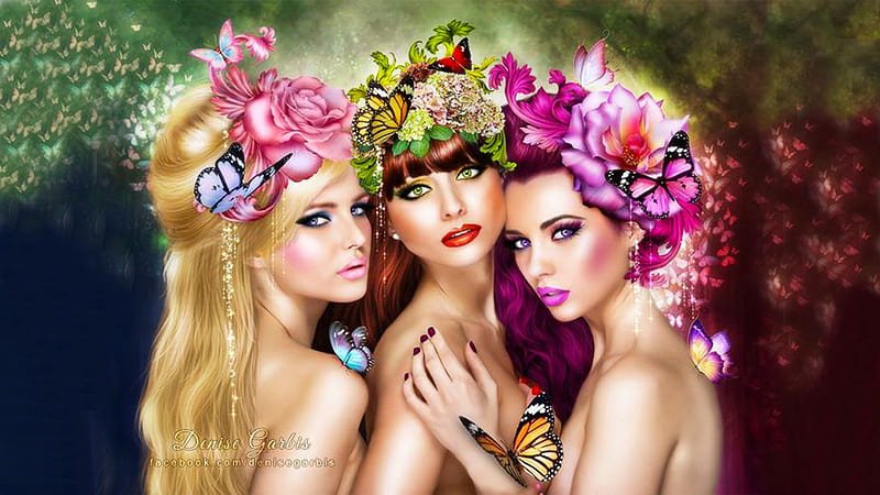 Three Beauties, pretty, art, bonito, woman, women, fantasy, girl, flowers in hair, beauty, digital, girls, HD wallpaper