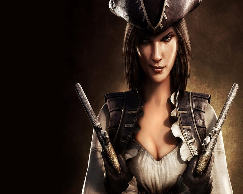 Lady Pirate 2, Woman, Pirate, Hat, Flintlock Pistols, HD wallpaper
