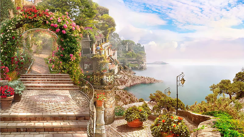 Beachfront Property, Italy, France, flowers, garden, overlook, terrace, sea, HD wallpaper