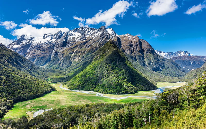 Humboldt Mountains, river, forest, summer, New Zealand, HD wallpaper