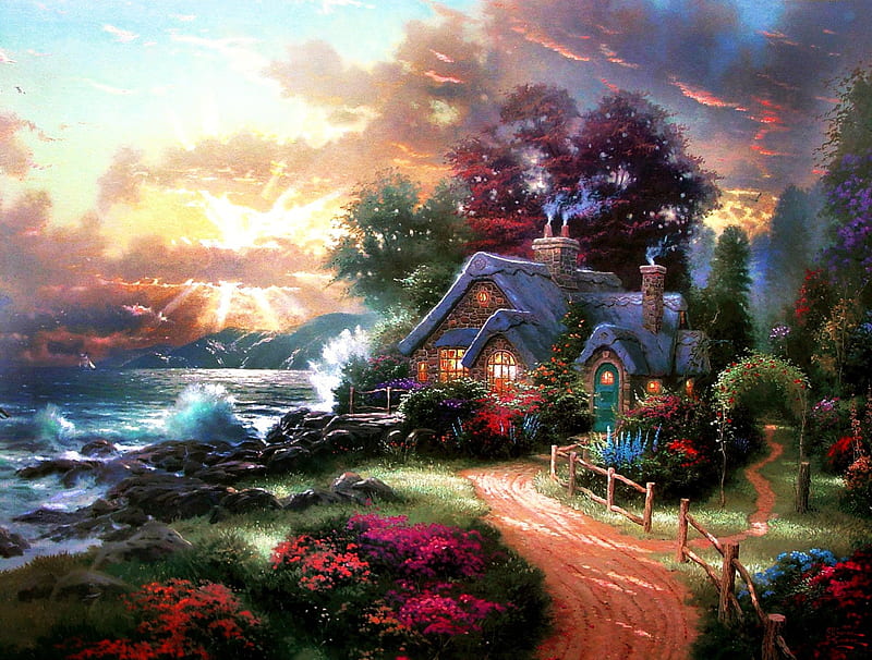 Cottage at the Sea, sun, waves, sky, clouds, water, painting, blossoms, flowers, path, garden, HD wallpaper