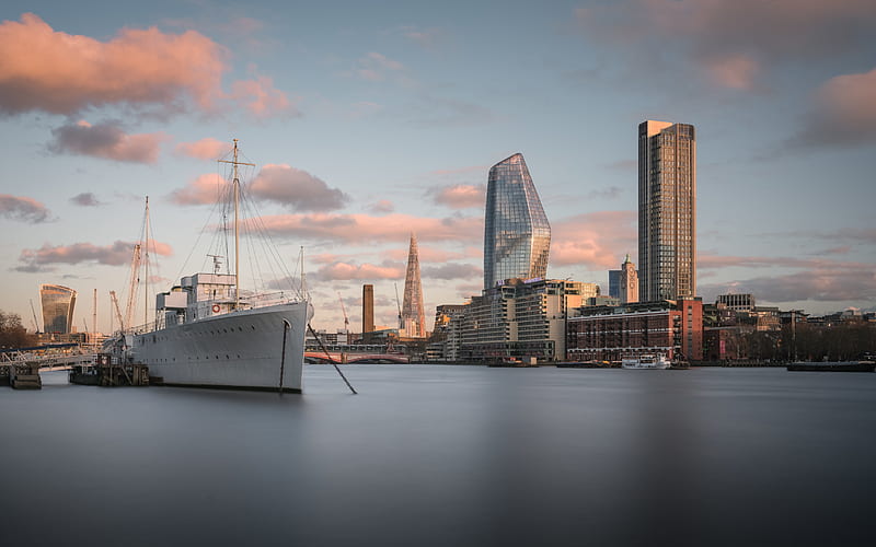 London, evening, sunset, modern buildings, The Shard, skyscrapers, HMS Belfast, Cityscape, London Skyline, England, HD wallpaper