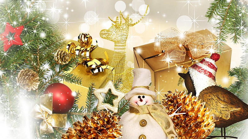 Golden Christmas, balls, decoration, snowman, artwork, lights, gifts ...