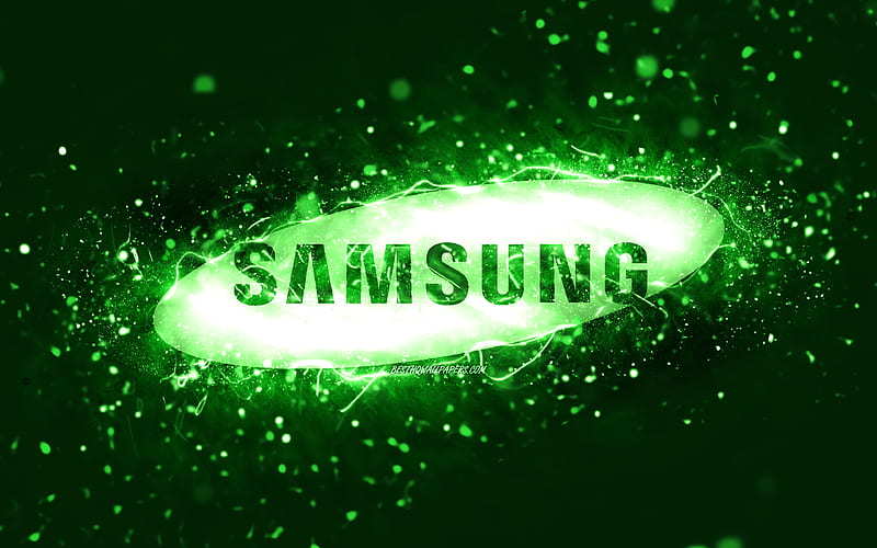 Samsung green logo green neon lights, creative, green abstract background, Samsung logo, brands, Samsung, HD wallpaper