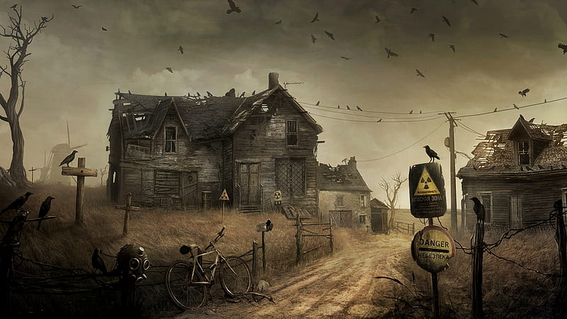 post apocolyptic, sign, house, road, mask, HD wallpaper