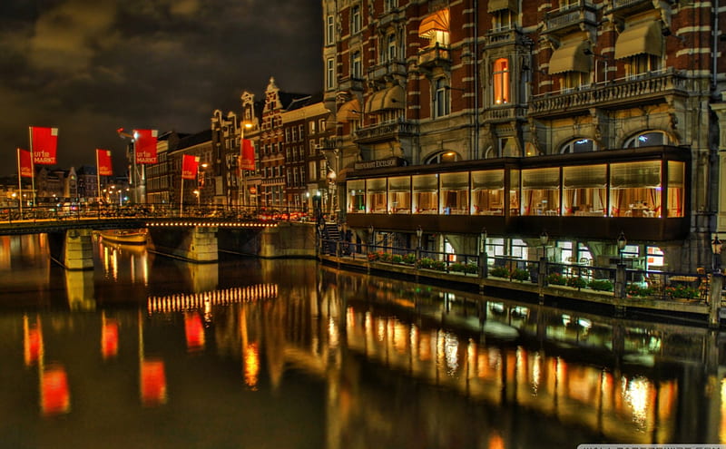 excelsior hotel in amsterdam, hotel, city, bridge, canal, lights, night, HD wallpaper
