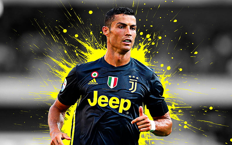 Cristiano Ronaldo, CR7 Juventus FC, art, Portuguese football player, splashes of paint, portrait, face, black uniform, grunge art, creative art, Serie A, Italy, football, HD wallpaper