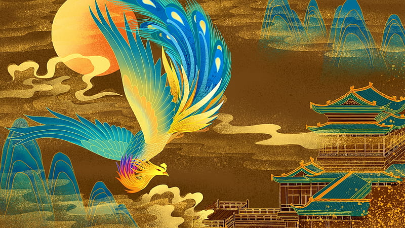 Phoenix, bird, painting, pasari, chinese, pictura, art, brown, yellow, fantasy, blue, HD wallpaper