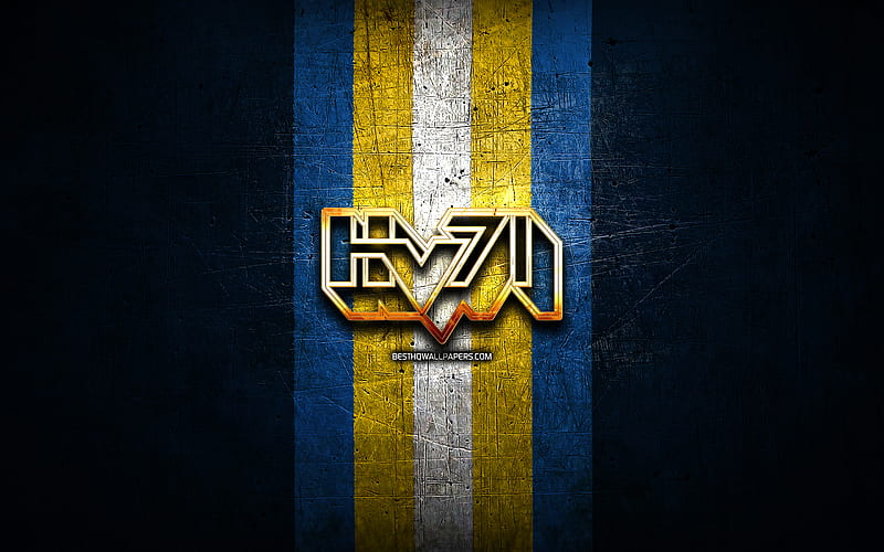 HV71, golden logo, SHL, blue metal background, swedish hockey team, Swedish Hockey League, ХВ71 logo, swedish hockey league, HV71 logo, hockey, ХВ71, HD wallpaper