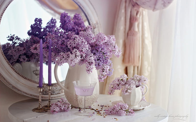 Lilacs, lilac, still life, flower, vase, mirror, spring, white, pink, HD wallpaper